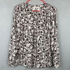 Loft Womens S Cream Floral Boho Long Sleeve Button Front Utility Blouse Pockets